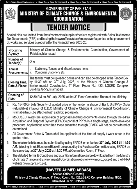 Ministry of Climate Change & Enviornmental Coordination Tender Notice